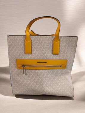 Michael Kors Cream Signature Tote with Yellow Trim